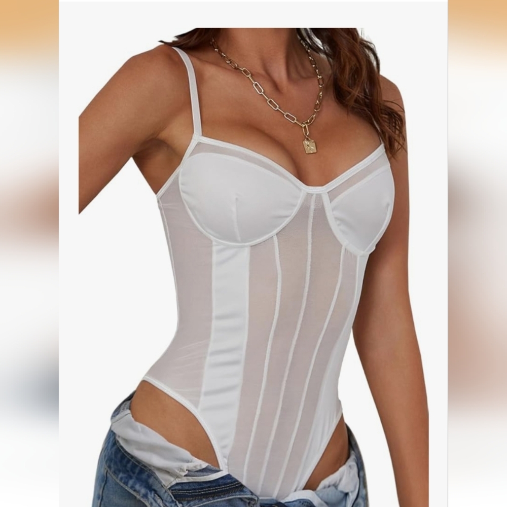 New Wireless Strappy Mesh Corset Lingerie Bodysuit Top.